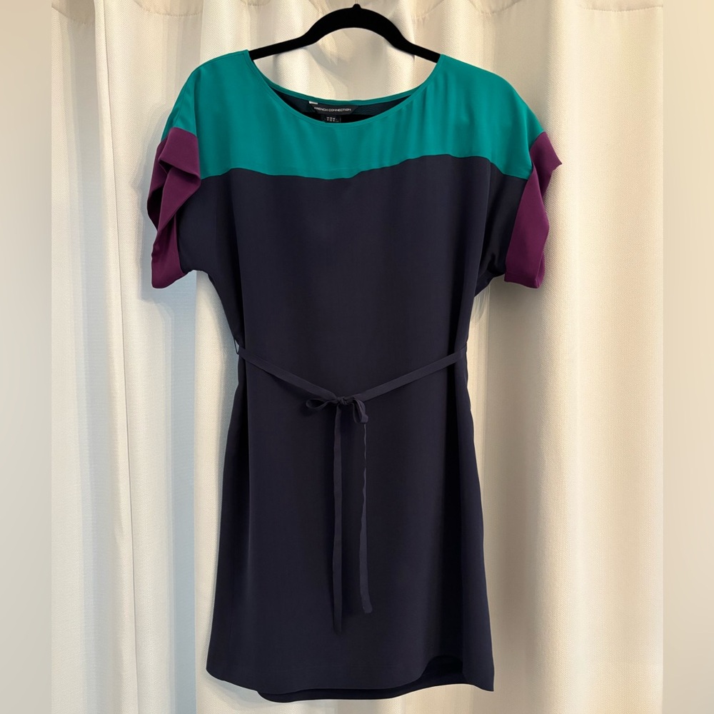 French Connection Colorblock Silk Dress with Belt